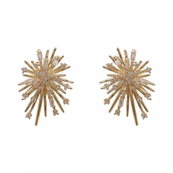 💎A032💎 *NEW ELEGANT 18K YELLOW GOLD FIREWORKS STUD EARRINGS - Picture 1 of 5